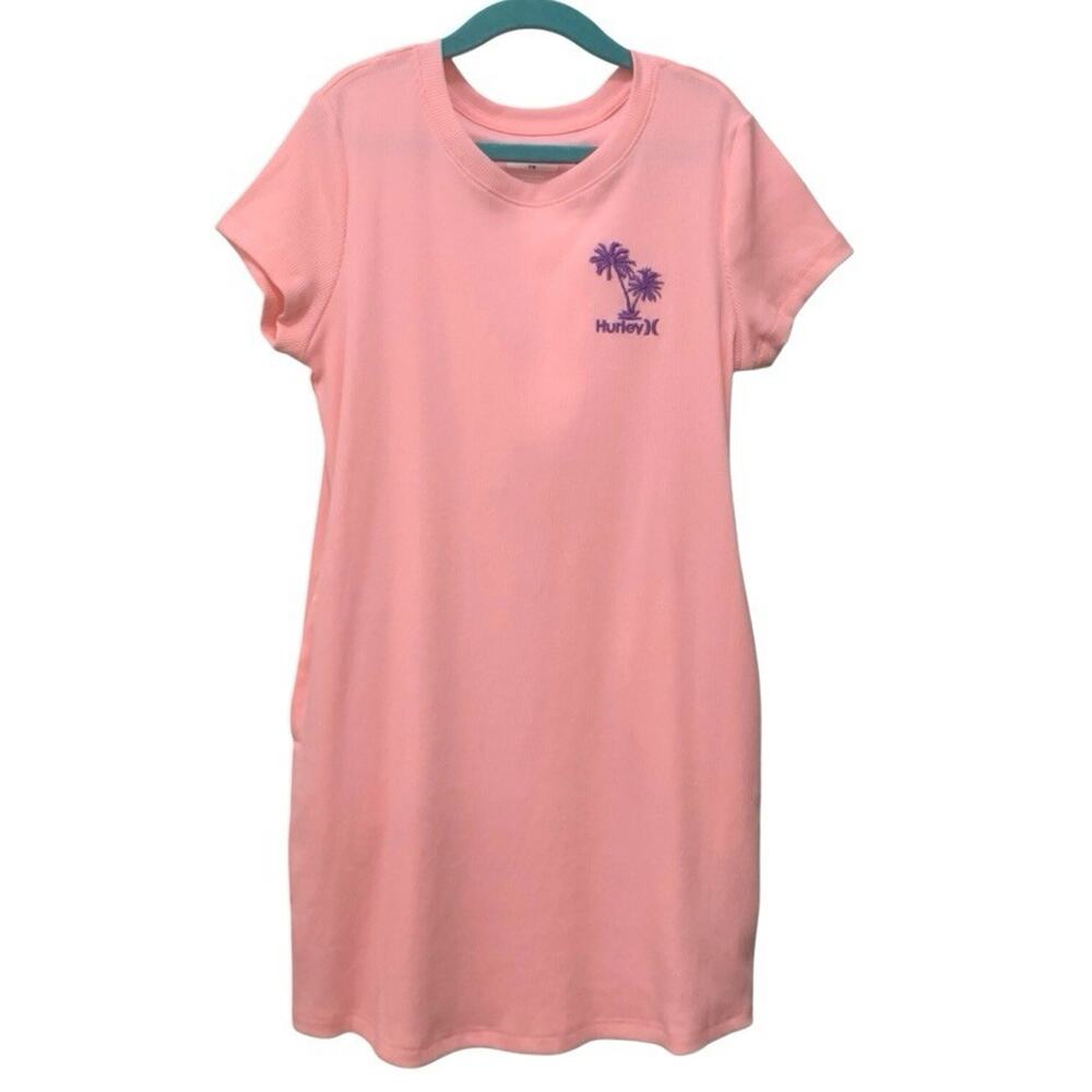 Hurley Girls 7/8 Pink Ribbed Dress Short Sleeve Purple Palm Tree Embroidered